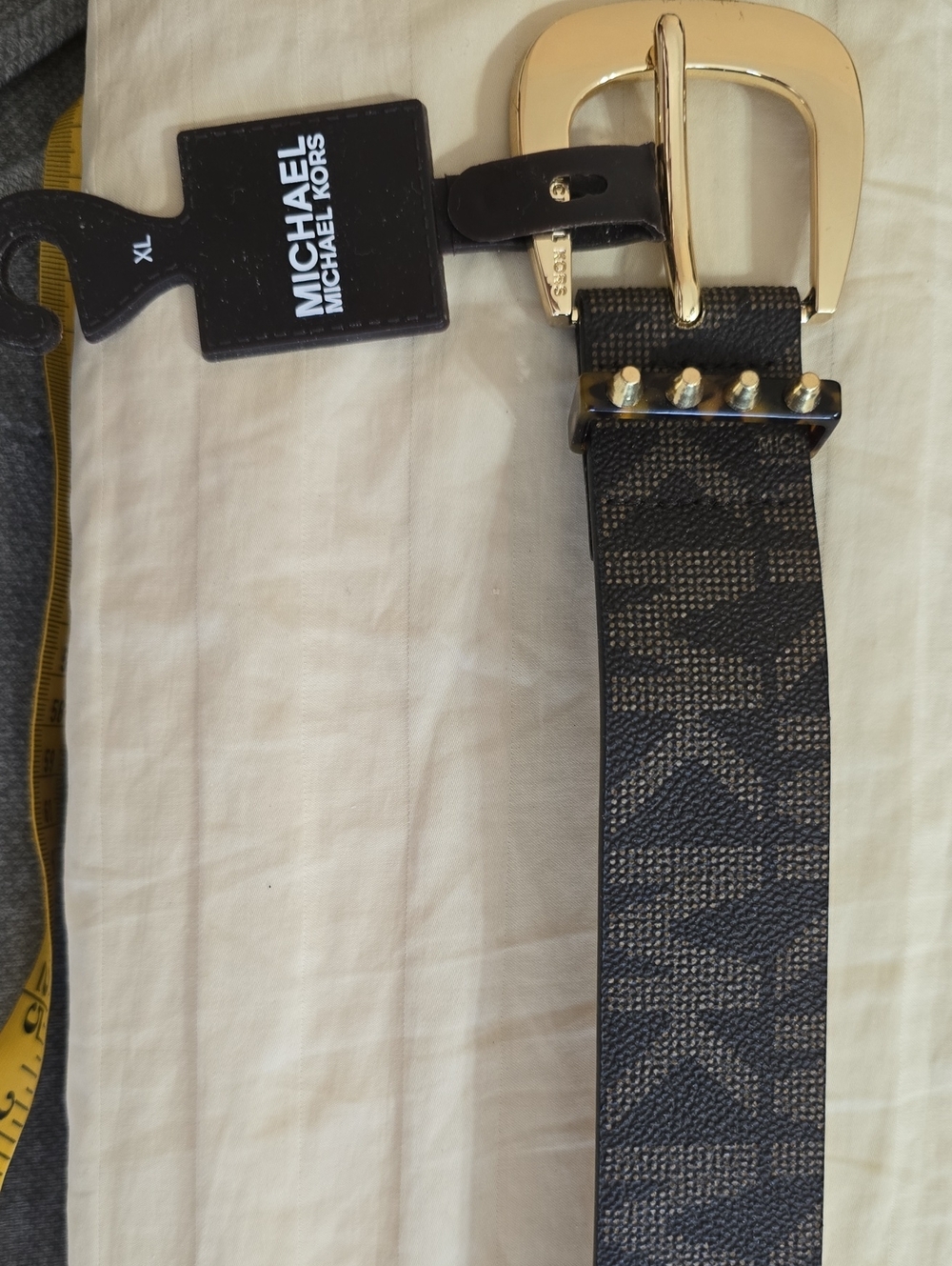 Michael Kors Women Brown Logo-Print Leather Belt with Gold Buckle